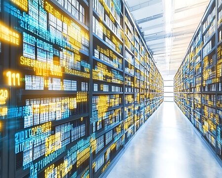 A data center showcasing server racks and illuminated digital information