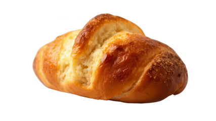 Challah Bread Loaf on a white Background. The image features a golden-brown Challah bread loaf, characterized by its braided shape, set against a dark grey or black background. 