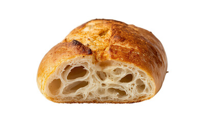 Half Loaf of Sourdough Bread on a Dark Background. The image depicts a half-loaf of golden-brown sourdough bread against a dark background. The bread’s crumb is highly porous with large air pockets. 