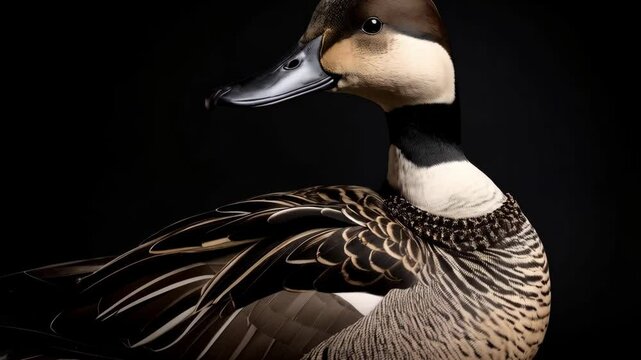 Elegant northern pintail duck portrait against stark black backdrop; detailed plumage feathers, striking profile shot of wild waterfowl species