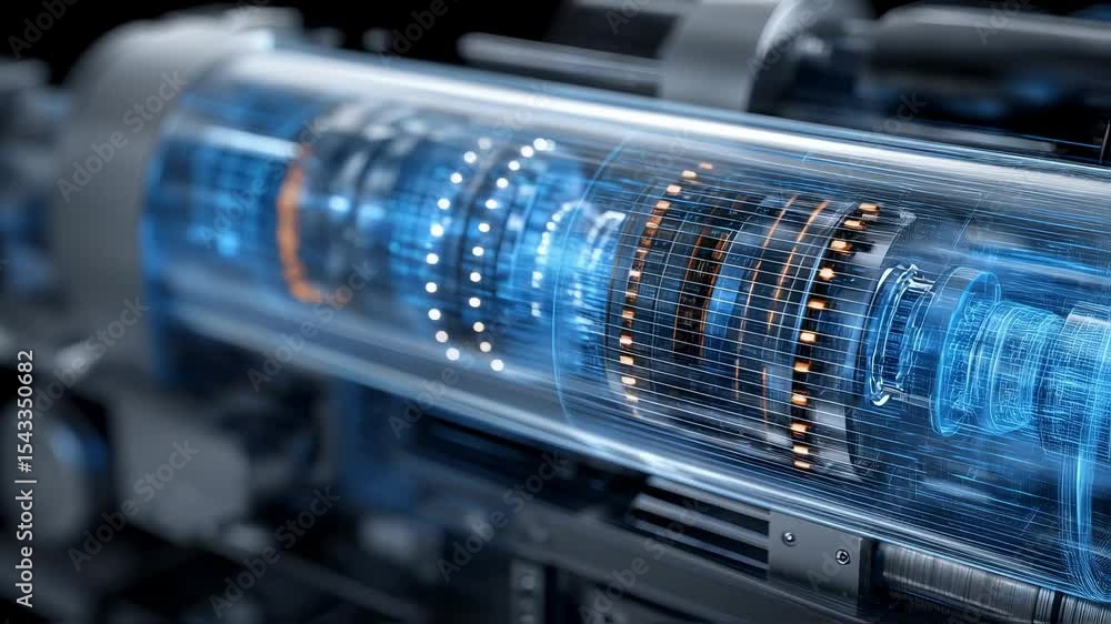 Poster complex futuristic engine rotating smoothly, with a holographic overlay showing its intricate intern