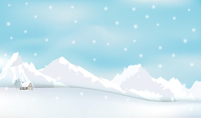 Winter season with cottage, mountain range and blue background. Nature Landscape illustration