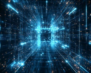 A futuristic abstract digital network depicting a data tunnel with lights