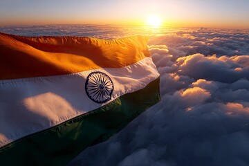 Indian flag waves above clouds at sunrise showcasing orange white and green stripes A central blue wheel adds detail