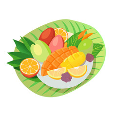 A flat vector illustration of a Memphis-style abstract shape, featuring playful geometric elements like triangles, squiggles, and circles in bright pastel and primary colors. Retro 80s design, isolate