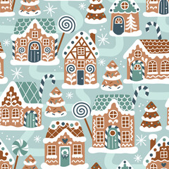 Seamless vector pattern with cute gingerbread houses and Christmas trees. Perfect for textile, wallpaper or nursery print design. EPS 10 vector file.	