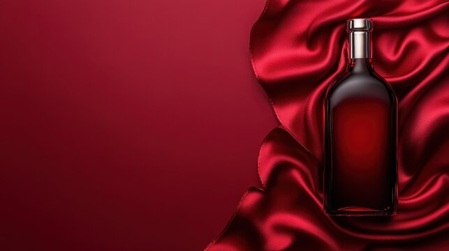 A finely crafted wine bottle elegantly placed on rich red silk fabric, symbolizing luxury and sophistication, perfect for celebrations and enticing gatherings around fine dining.