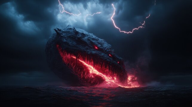 A dramatic portrayal of a massive lava dragon's head emerging from tumultuous ocean waters, surrounded by dark storm clouds and vivid lightning, creating a sense of power and awe.