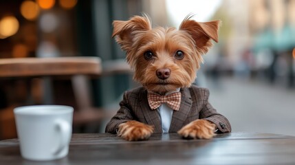 An adorable dog in a sharp outfit sits attentively at a cafe table, embodying charm and sophistication, showcasing the delightful bond between pets and their owners.