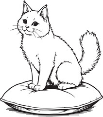 Regal Cat Perched: A charming illustration of a domestic cat, poised elegantly on a soft cushion, exudes an air of regal grace and composure.