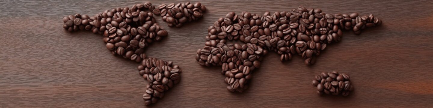 World map made of coffee beans on wooden surface
