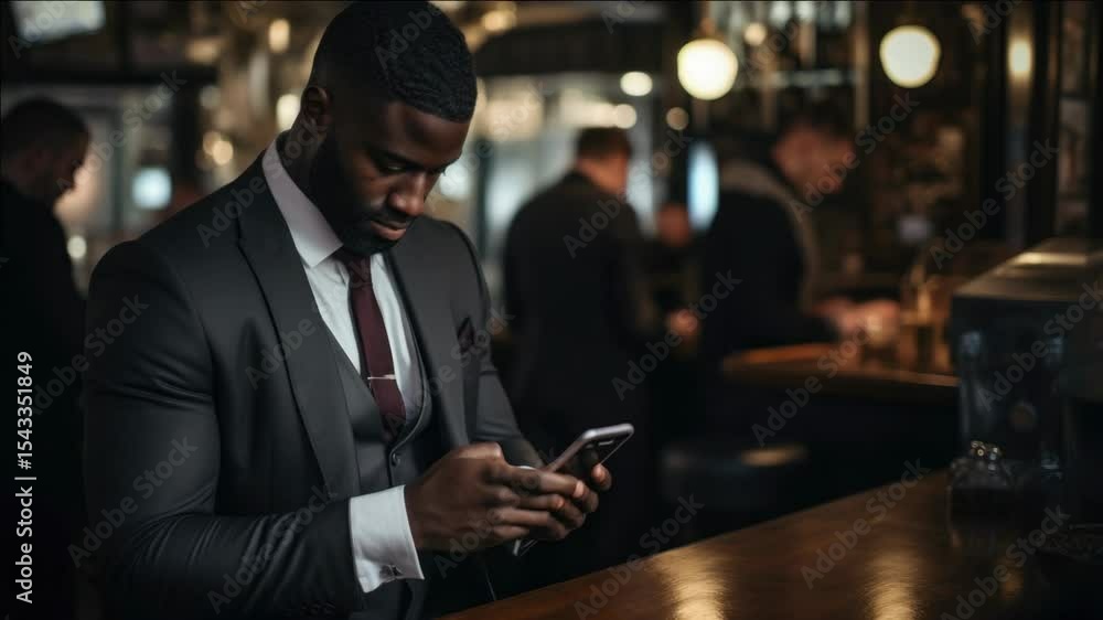 Aufkleber man in business suit using mobile phone at bar. professional communication, modern technology usage.