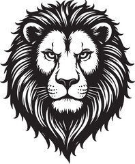 Majestic Lion Portrait: A striking black and white illustration of a lion's head, showcasing intricate details of its mane and intense gaze. 