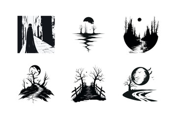 Six black and white gothic landscape illustrations