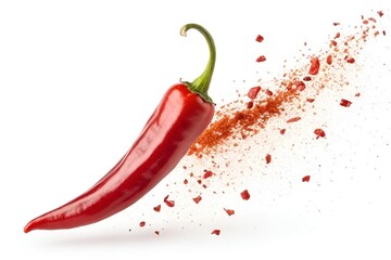 Floating Red Chili Pepper with Green Stem and Chili Flakes on White Background
