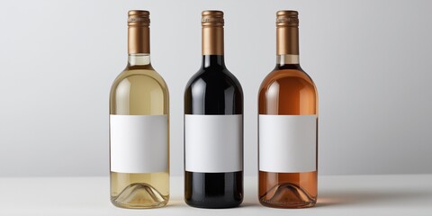 Three bottles of wine with blank labels on a white surface