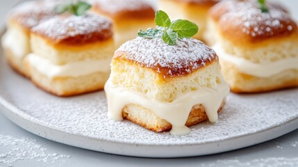 These delightful cream-filled cake bites, dusted with powdered sugar and garnished with fresh mint, are perfect for any dessert table or sweet indulgence.