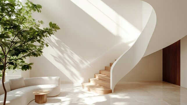 A beautifully designed modern staircase characterized by sweeping curves and natural light, creating a breathtaking focal point and showcasing architectural elegance.