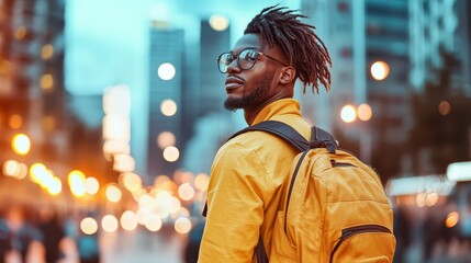 A stylish man with dreadlocks and glasses stands confidently in a bustling city, capturing the essence of urban lifestyle and self-expression amid vibrant city lights.