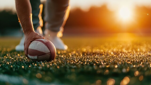 The moment of focus as a player places a football for a kick on a vibrant field, illuminated by the setting sun, encapsulating the passion and excitement of sports.