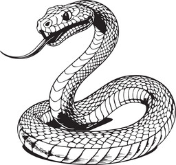 Fototapeta premium Serpentine Majesty: A meticulously detailed grayscale depiction of a coiled snake, its forked tongue extended, showcasing the intricate patterns of its scales.