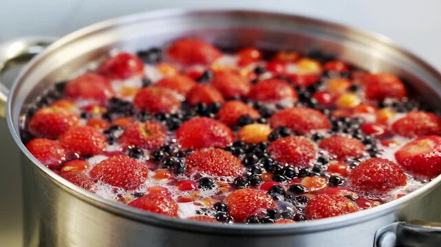 Boiling compote of fresh strawberries, red currants and blueberries in a saucepan, close-up.