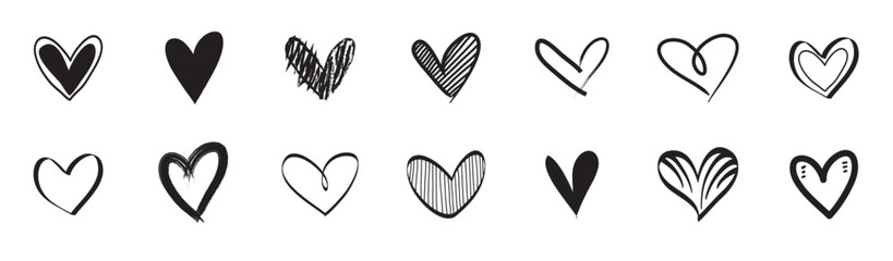Doodle hearts hand drawn love hearts, Thirty hand drawn black hearts valentine's day setvector illustration.