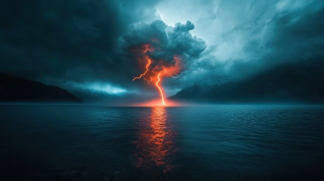A striking scene of dark storm clouds over a calm sea suddenly illuminated by a powerful bolt of lightning, evoking feelings of awe and the raw power of nature in action.