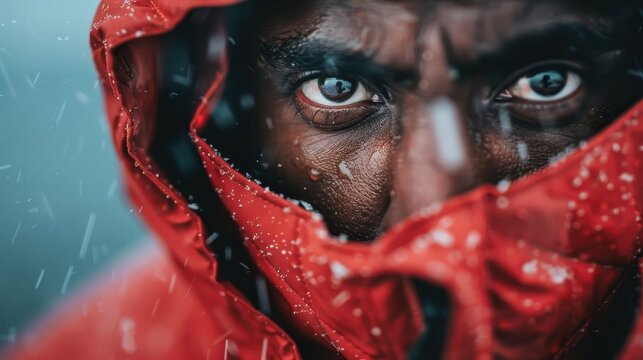 A close-up of a man's face peering from a hooded rain jacket, rain droplets clinging to his skin, evoking emotions of resilience and determination against nature's relentless elements.