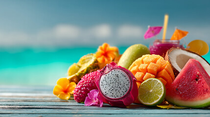 Mix of tropical fruits and cocktails at the tropical beach. Holidays.