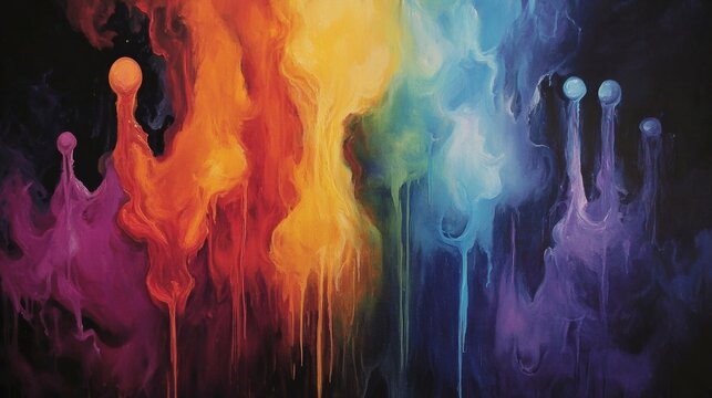 Bright rainbow paint drips explode against dark background creating abstract art.