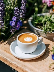 A white coffee cup with heart shaped latte art