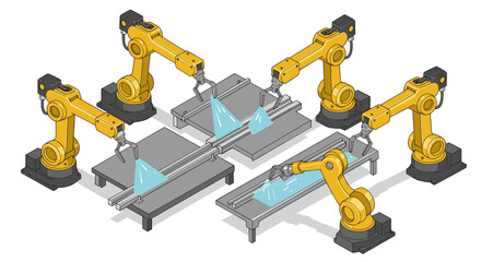 Advanced robotic arm assembly line with automated welding technology in manufacturing isometric style vector illustration