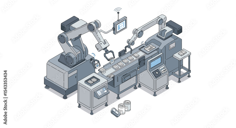 Aufkleber automated assembly line with robotic arms and conveyor system for industrial production design isome