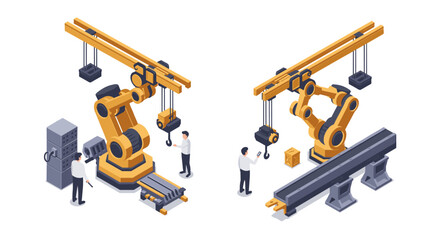 Industrial automation with robotic arms in manufacturing process isometric style vector illustration