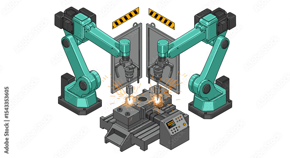 Poster industrial robot arm automation in a modern factory setting isometric style vector illustration