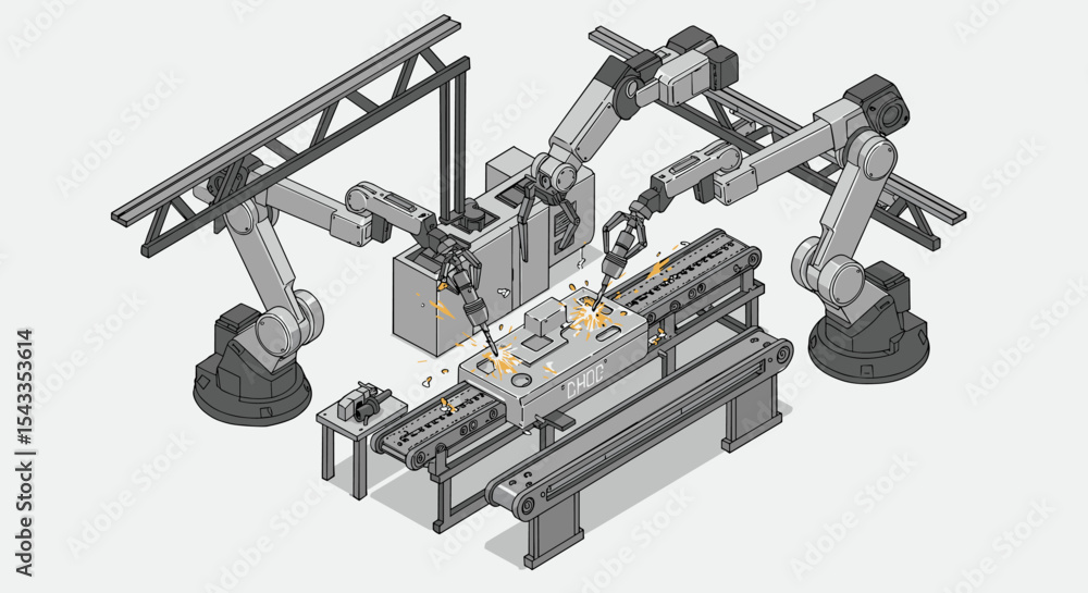 Aufkleber industrial robotic arms assembling components in a factory setting isometric style vector illustrati