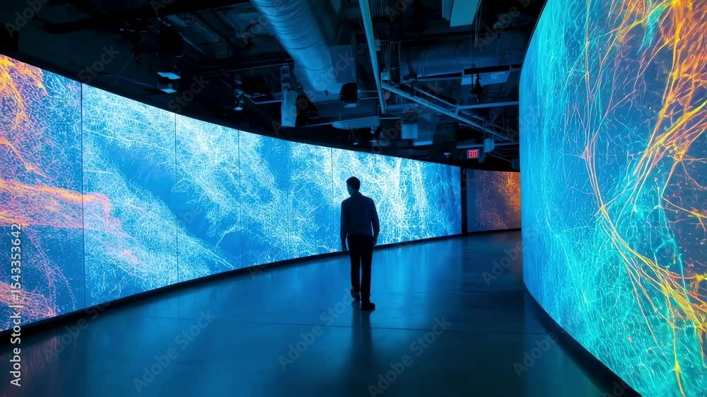 Poster businessman standing in a dark room is looking at a large curved screen displaying colorful global c