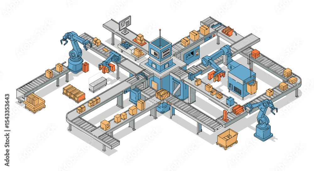 Poster automated logistics and robotics in modern warehousing and distribution center isometric style vecto