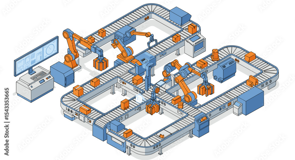 Poster automated robotics in a modern manufacturing assembly line concept isometric style vector illustrati