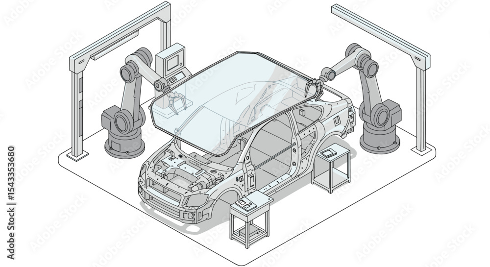 Poster automated robotic assembly line for car manufacturing and windshield installation isometric style ve