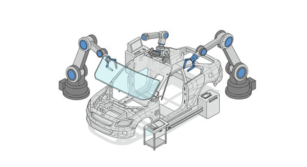 Naklejka premium Automated car assembly process with robotic arms in a factory setting isometric style vector illustration