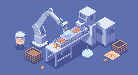 Obraz premium Automation in cookie production with robotic arm and conveyor belt for food industry efficiency isometric style vector illustration