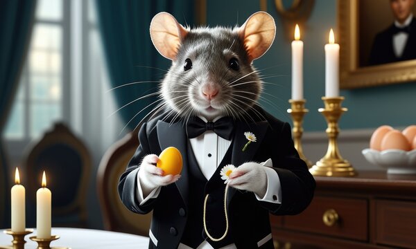Charming mouse in tuxedo holds egg in elegant candlelit dining room setting