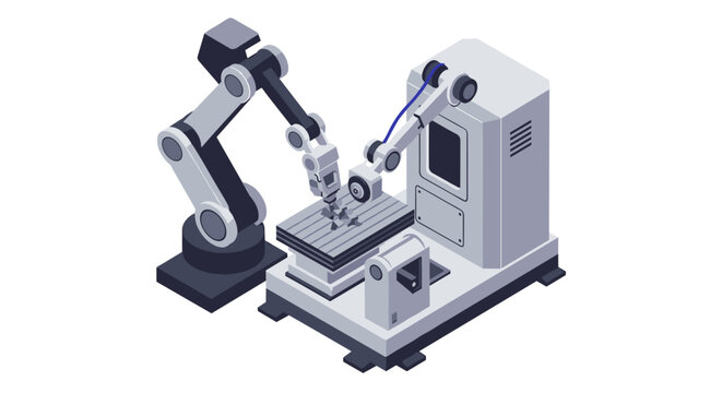 Robotic arm operating cnc machine for precision engineering and automation concept isometric style vector illustration