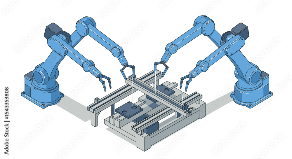 Poster robotic arms in industrial automation setup for efficient manufacturing processes isometric style ve