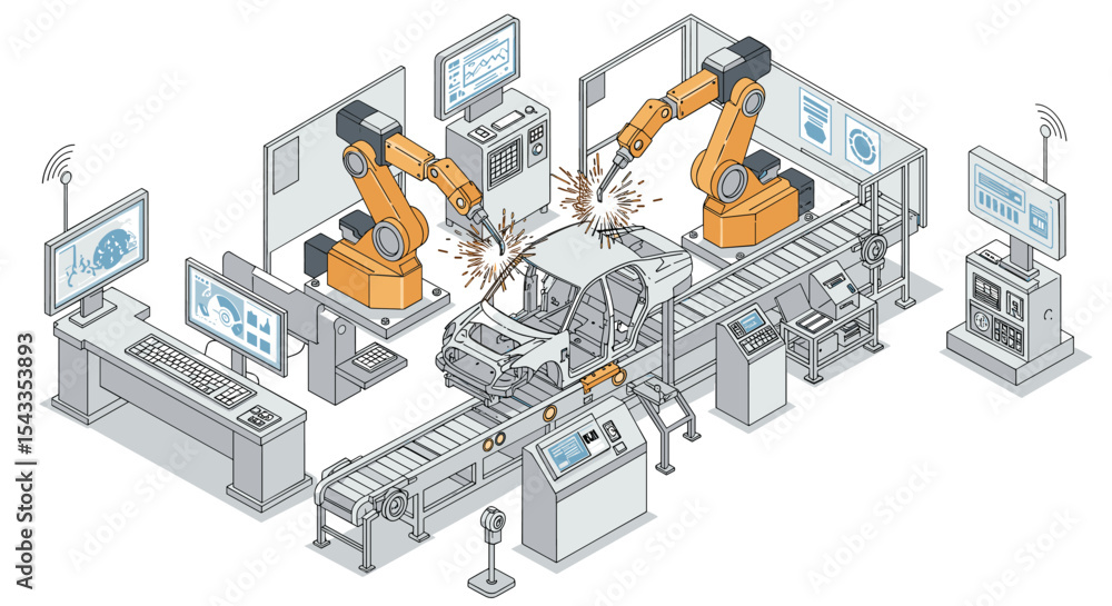 Poster automated car manufacturing process with robotic arms in high-tech factory setting isometric style v