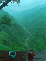 Two cups of beverage looking at a mountain valley