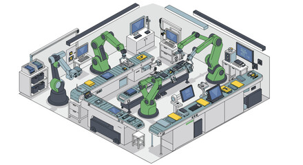 Obraz premium Advanced robotics in modern factory setting for industrial automation and efficiency isometric style vector illustration