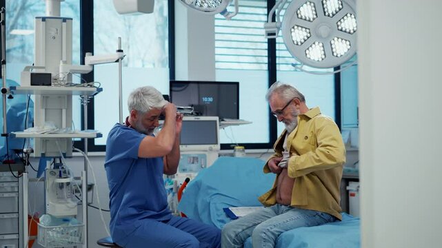 Patient sitting on examination table.